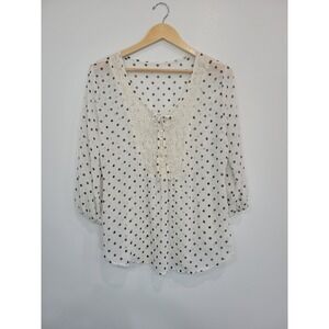Chic Polka Dot Sheer V Neck Lace Detail Three Quarter Sleeve Blouse‎ Top Women
